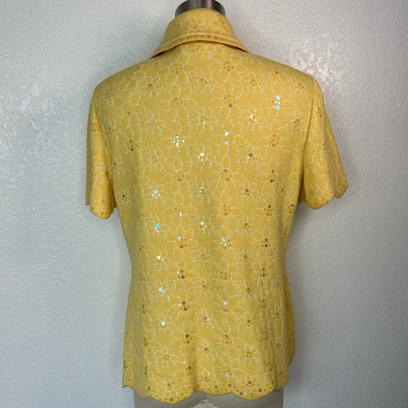 RARE Vintage 70s retro St. John yellow knit holographic daisy sweater top 6 - Picture 4 of 6